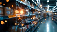 Futuristic digital network visualization with glowing orange bokeh lights and geometric connections against blurred data center background. Modern technology concept.