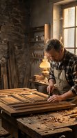 Skilled mature Caucasian carpenter working on wooden cabinet door in traditional workshop with stone walls and warm lighting for craftsmanship projects.