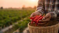 Farmer hands holding fresh red chili peppers over wicker basket in agricultural field during golden hour sunset harvest time for organic farming concept.