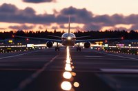 Commercial airplane on illuminated runway at sunset with dramatic cloudy sky and forest silhouette creating atmospheric aviation scene for travel concepts.