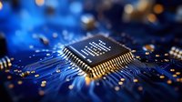 Microprocessor chip on blue circuit board with glowing electronic paths and components, macro photography showing intricate technology details and connections.