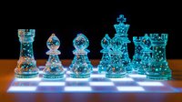 Glowing blue glass chess pieces on illuminated board with dramatic lighting effect against dark background creates mystical gaming atmosphere.