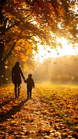 Mother and child walking hand in hand through autumn park with golden sunlight filtering through colorful fall foliage and leaves scattered on ground.