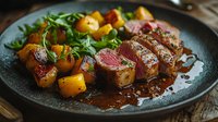 Sliced seared beef steak with roasted vegetables and herbs on dark plate. Gourmet restaurant meal with rich sauce and colorful garnish for culinary content.