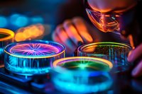 Scientist examining colorful petri dishes with glowing bacteria cultures in dark laboratory setting. Vibrant neon blue and orange bacterial growth under specialized lighting.