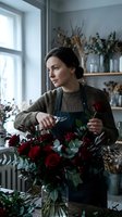 Young Caucasian female florist arranging red roses in flower shop workshop wearing apron and sweater creating bouquet arrangement for Valentine's Day.