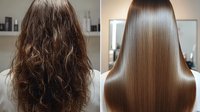 Before and after hair transformation showing frizzy, curly brown hair compared with smooth, glossy straight hair after professional salon treatment.