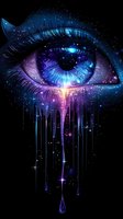 Mystical cosmic eye with flowing galaxy tears and starry details in vibrant blue and purple colors against black background, creating surreal celestial artwork.