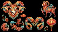 Colorful Chinese zodiac goat set isolated on transparent background, featuring ornate ram designs, lantern, and 2027 elements, great for stickers, t-shirt design, print on demand.