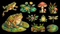 Cute frog clipart set with mushrooms, dragonfly, lily pads, and pond plants, isolated on transparent background, ready for stickers, t-shirt design, and print on demand.