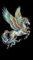 Ornate flying pegasus with colorful wings and gold details, isolated on transparent background, ready for stickers, t-shirt design, and print on demand use.