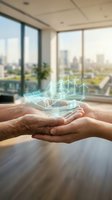 Hands holding holographic cityscape with wind turbines and buildings above modern office with urban skyline view through windows, representing sustainable energy, green technology, and future development planning.