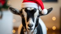 Adorable baby goat wearing red Santa hat with white fur trim and pom pom, festive Christmas holiday portrait with warm bokeh lights in background.