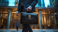 Businessman in dark suit holding classic black leather briefcase walking past modern office building entrance in evening light. Corporate success concept.