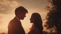 Romantic couple silhouettes embracing at golden sunset creating intimate moment against warm sky backdrop for wedding and love concepts.