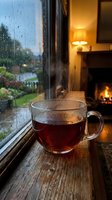 Cozy rainy day scene with steaming tea cup on wooden windowsill, fireplace glowing warmly in background, water droplets on glass creating peaceful atmosphere.