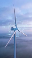 Wind turbine with digital technology overlay representing renewable energy and smart grid innovation for sustainable power generation.