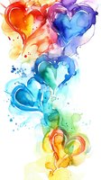 Vibrant watercolor hearts in rainbow colors with splashes and drips on white background, flowing from warm to cool tones in artistic arrangement for valentines designs.