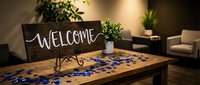 Wooden welcome sign on rustic table with blue flower petals scattered around, cozy living room interior with plants and warm lighting for home decor.