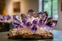 Raw amethyst crystal cluster with deep purple points emerging from natural stone base, illuminated to showcase translucent crystalline structure and color variations.