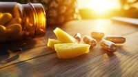 Yellow vitamin supplement capsules and fresh pineapple chunks on wooden surface in warm sunlight, promoting healthy lifestyle and natural supplements.