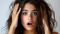 Young woman with surprised expression and messy dark hair holding hands near face against light background, showing genuine emotion and natural beauty.