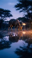Majestic elephant drinking at waterhole during golden hour with stunning reflection in calm water surrounded by acacia trees in African savanna wilderness.