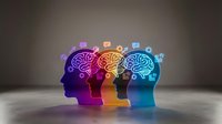 Colorful human head silhouettes with glowing brain illustrations and floating icons representing artificial intelligence and mental processes.