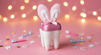 Easter bunny ears in white tooth planter with glitter egg on pink background with bokeh lights and confetti for dental clinic holiday decoration.