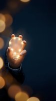 Hand holding glowing light bulb with warm bokeh lights on dark background representing innovation, creativity and bright ideas for business concepts.