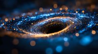 Cosmic black hole visualization with glowing blue and gold particle swirl against dark background, creating mesmerizing space atmosphere. Suitable for astronomy themes.