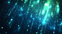 Glowing turquoise and green particles with light streaks falling against dark background create magical atmospheric effect for abstract design backgrounds.