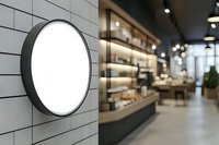Round white blank signboard on gray tiled wall in modern retail store interior with blurred shelving and display cases in background.