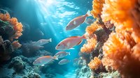 Vibrant orange soft corals with school of silver fish swimming in blue underwater scene, sunbeams penetrating through crystal clear tropical waters.
