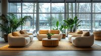 Modern lounge area with beige curved sofas, wooden coffee table, and lush green plants against large windows overlooking winter landscape.