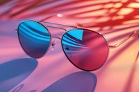 Stylish aviator sunglasses with gradient blue and pink lenses reflecting tropical palm shadows on vibrant sunset background for summer fashion accessories.