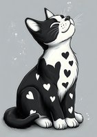 Adorable black and white kitten with heart pattern sitting and looking up, cute cartoon cat illustration for pet lovers and animal themed designs.