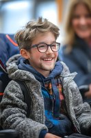 Happy young boy with glasses smiling in classroom wearing hoodie and jacket with teacher in background for educational content.