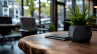 Modern workspace interior with wooden table surface, decorative fern plant in geometric black pot, blurred cafe background creates cozy atmosphere.