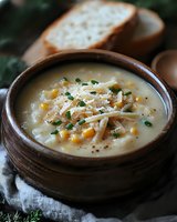 Creamy vegetable soup with cheese and herbs served in rustic wooden bowl with fresh bread slices for comfort food dining and restaurant menu.