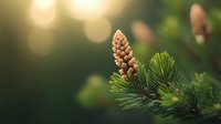 Young pine cone growing on branch with green needles against blurred bokeh background in soft morning light, nature macro photography.