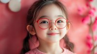 Young Asian girl with pink round glasses smiling at camera against colorful balloon background for children education and eyewear concepts.