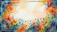 Colorful floral border frame with ornamental swirls, stars, and botanical elements surrounding cream center space, suitable for invitations, greeting cards, and decorative backgrounds.