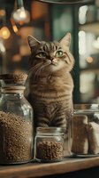 Curious striped cat with bright green eyes sitting among glass jars filled with dry food and spices on wooden shelf, warm bokeh lights in background.