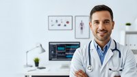 Confident male doctor with stethoscope smiling in modern medical office with computer and charts on wall. Professional healthcare physician portrait.