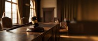 Wooden gavel rests on judge bench in empty courtroom with warm sunlight streaming through windows, symbolizing justice and legal proceedings.