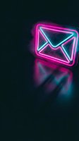 Glowing neon email envelope icon with pink and cyan lights on dark background for digital marketing and communication concepts.
