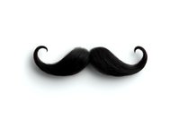 Black curled mustache isolated on white background, classic handlebar style facial hair design element for creative projects and fashion concepts.