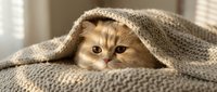 Adorable orange tabby kitten hiding under cozy knitted blanket with curious expression. Cute pet portrait for home decor and animal lover designs.