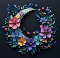 Magical crescent moon adorned with colorful paper flowers and delicate foliage creates enchanting floral arrangement on dark background. Craft art style.